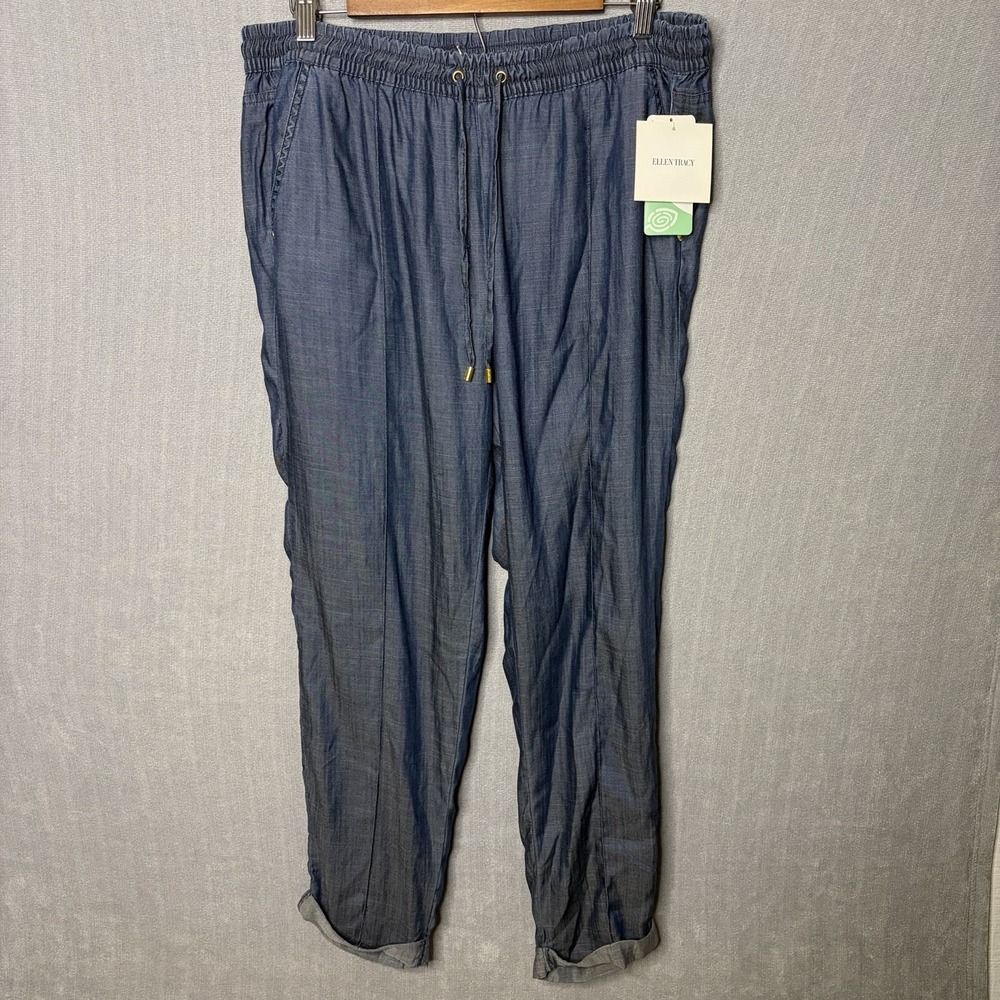 Ellen Tracy Womens Drawstring Denim Pants Cuffed Hem Stretch Size M Light Blue